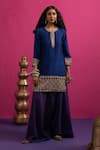 Shop_Pink City By Sarika_Blue Silk Mirrors, Embroidery Round Neck Love Kurta Pant Set _Online_at_Aza_Fashions