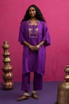 Buy_Pink City By Sarika_Purple Silk Beads, Embroidery V-neck Baingani Kaftan Pant Set _at_Aza_Fashions