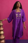 Pink City By Sarika_Purple Silk Beads, Embroidery V-neck Baingani Kaftan Pant Set _at_Aza_Fashions