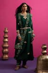 Shop_Pink City By Sarika_Green Cotton, Mohair Embroidery Round Neck Peacock Draped Kurta Set _Online_at_Aza_Fashions