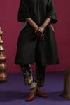 Pink City By Sarika_Black Silk, Chanderi, Cotton Embroidery Round Neck Peacock Pocket Kurta Set _Online_at_Aza_Fashions