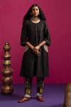 Buy_Pink City By Sarika_Black Silk, Chanderi, Cotton Embroidery Round Neck Peacock Pocket Kurta Set _at_Aza_Fashions