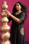 Pink City By Sarika_Black Silk, Chanderi, Cotton Embroidery Round Neck Peacock Pocket Kurta Set _at_Aza_Fashions