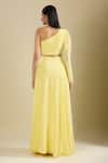 Samyukta Singhania_Yellow Crepe Sequins One Shoulder Floral Embroidered Lehenga Set _Online_at_Aza_Fashions