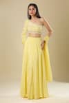 Samyukta Singhania_Yellow Crepe Sequins One Shoulder Floral Embroidered Lehenga Set _at_Aza_Fashions