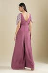 Samyukta Singhania_Wine Chinon Embroidery V-neck Cut Dana Gown _Online_at_Aza_Fashions