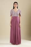 Samyukta Singhania_Wine Chinon Embroidery V-neck Cut Dana Gown _at_Aza_Fashions