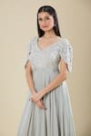Shop_Samyukta Singhania_Gray Chinon Embroidery V-neck Grey Cut Dana Gown _Online_at_Aza_Fashions