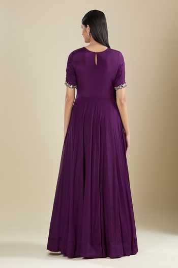 Samyukta Singhania_Purple Chinon Zari Round Neck Anarkali With Mirror Work _Online_at_Aza_Fashions