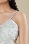 Buy_Samyukta Singhania_Blue Chinon Embroidery, Zari V-neck Powder Cut Dana Zardozi Lehenga Set _Online_at_Aza_Fashions