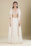 Samyukta Singhania_White Chinon Sequins, Embroidery Round Neck, Open Antique Sequence Lehenga Set _at_Aza_Fashions