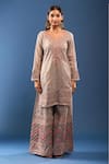 Samyukta Singhania_Gray Embroidery V-neck Grey Kurta Palazzo Set _Online_at_Aza_Fashions