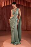 Buy_Akara_Green Satin Beads Plunge Neck Sage Pre-draped Saree And Blouse Set _at_Aza_Fashions