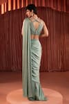 Akara_Green Satin Beads Plunge Neck Sage Pre-draped Saree And Blouse Set _Online_at_Aza_Fashions