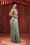 Buy_Akara_Green Satin Beads Plunge Neck Sage Pre-draped Saree And Blouse Set _Online_at_Aza_Fashions