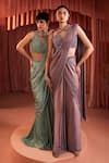 Akara_Green Satin Beads Plunge Neck Sage Pre-draped Saree And Blouse Set _at_Aza_Fashions