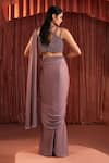 Shop_Akara_Purple Satin Beads Plunge Neck Designer Pre-draped Saree And Blouse Set _at_Aza_Fashions