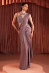 Buy_Akara_Purple Satin Beads Plunge Neck Designer Pre-draped Saree And Blouse Set _at_Aza_Fashions