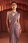 Akara_Purple Satin Beads Plunge Neck Designer Pre-draped Saree And Blouse Set _Online_at_Aza_Fashions