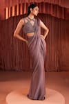 Buy_Akara_Purple Satin Beads Plunge Neck Designer Pre-draped Saree And Blouse Set _Online_at_Aza_Fashions
