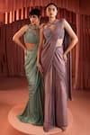 Shop_Akara_Purple Satin Beads Plunge Neck Designer Pre-draped Saree And Blouse Set _Online_at_Aza_Fashions