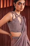 Akara_Purple Satin Beads Plunge Neck Designer Pre-draped Saree And Blouse Set _at_Aza_Fashions