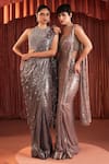 Buy_Akara_Pink Georgette Sequins Square Neck Metallic Foil Pre-draped Saree With Blouse 