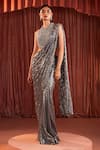 Buy_Akara_Gray Georgette Sequins, Embroidery Round Metallic Foil Grey Pre-draped Saree Set _Online_at_Aza_Fashions