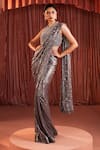 Shop_Akara_Gray Georgette Sequins, Embroidery Round Metallic Foil Grey Pre-draped Saree Set _Online_at_Aza_Fashions