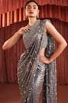 Akara_Gray Georgette Sequins, Embroidery Round Metallic Foil Grey Pre-draped Saree Set _at_Aza_Fashions