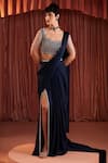 Akara_Blue Satin Embroidery, Sequins, Beads Square Midnight Pre-draped Saree And Blouse _at_Aza_Fashions