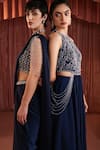 Shop_Akara_Blue Satin Embroidery, Sequins, Beads Square Midnight Pre-draped Saree And Blouse 