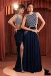 Akara_Blue Satin Embroidery, Sequins, Beads Square Midnight Pre-draped Saree And Blouse _Online