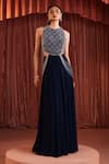 Akara_Blue Georgette Beads Round Neck Midnight Embellished Top And Skirt Set _at_Aza_Fashions