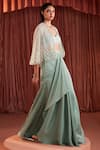 Buy_Akara_Green Satin Beads Sweetheart , Open Sea Organza Cape And Skirt Set 