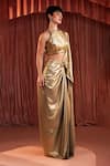 Akara_Gold Lycra, Crepe Round Neck Foil Pre-draped Saree And Blouse Set _Online_at_Aza_Fashions