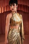 Buy_Akara_Gold Lycra, Crepe Round Neck Foil Pre-draped Saree And Blouse Set _Online_at_Aza_Fashions