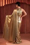Shop_Akara_Gold Lycra, Crepe Round Neck Foil Pre-draped Saree And Blouse Set _at_Aza_Fashions