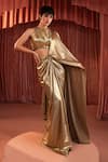 Shop_Akara_Gold Lycra, Crepe Round Neck Foil Pre-draped Saree And Blouse Set _Online_at_Aza_Fashions