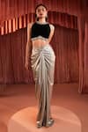 Buy_Akara_Black Crepe, Lycra Beads, Sequins Round Neck Gold Draped Skirt And Blouse Set _Online_at_Aza_Fashions