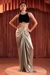 Buy_Akara_Black Crepe, Lycra Beads, Sequins Round Neck Gold Draped Skirt And Blouse Set _at_Aza_Fashions