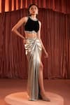 Shop_Akara_Black Crepe, Lycra Beads, Sequins Round Neck Gold Draped Skirt And Blouse Set _Online_at_Aza_Fashions