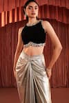Akara_Black Crepe, Lycra Beads, Sequins Round Neck Gold Draped Skirt And Blouse Set _at_Aza_Fashions
