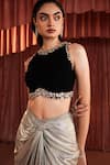 Shop_Akara_Black Crepe, Lycra Beads, Sequins Round Neck Gold Draped Skirt And Blouse Set 