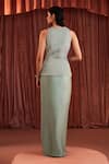 Akara_Green Satin Beads V-neck Sage Embroidered Jacket And Skirt Set _Online_at_Aza_Fashions