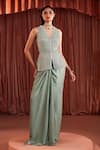Buy_Akara_Green Satin Beads V-neck Sage Embroidered Jacket And Skirt Set _at_Aza_Fashions