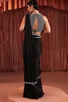 Akara_Black Satin Sequins, Beads Crew Neck Pre-draped Saree And Blouse Set _Online_at_Aza_Fashions