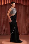 Shop_Akara_Black Satin Sequins, Beads Crew Neck Pre-draped Saree And Blouse Set _Online_at_Aza_Fashions