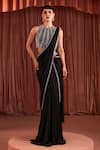 Buy_Akara_Black Satin Sequins, Beads Crew Neck Pre-draped Saree And Blouse Set _at_Aza_Fashions