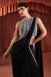 Buy_Akara_Black Satin Sequins, Beads Crew Neck Pre-draped Saree And Blouse Set 